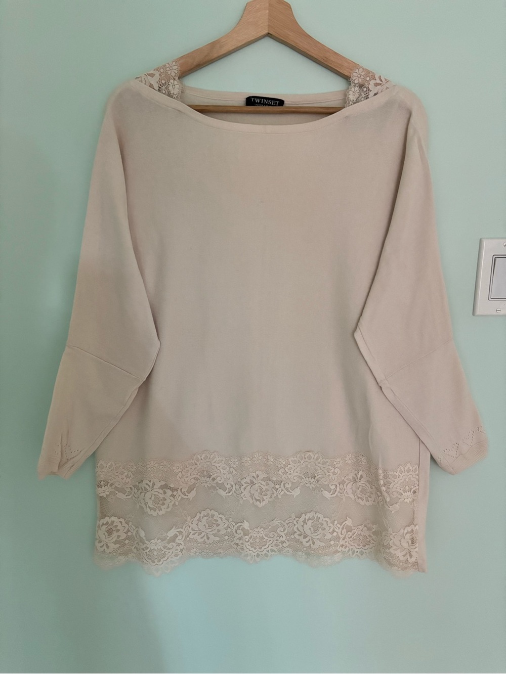 TWINSET Simona Barbieri Cream Lace Trim Fine Knit Sweater Top Size L/XL